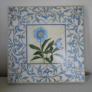 S. Hely Blue Hand Painted Flowers & Leaves On White Painted Wood 13" Square Nice